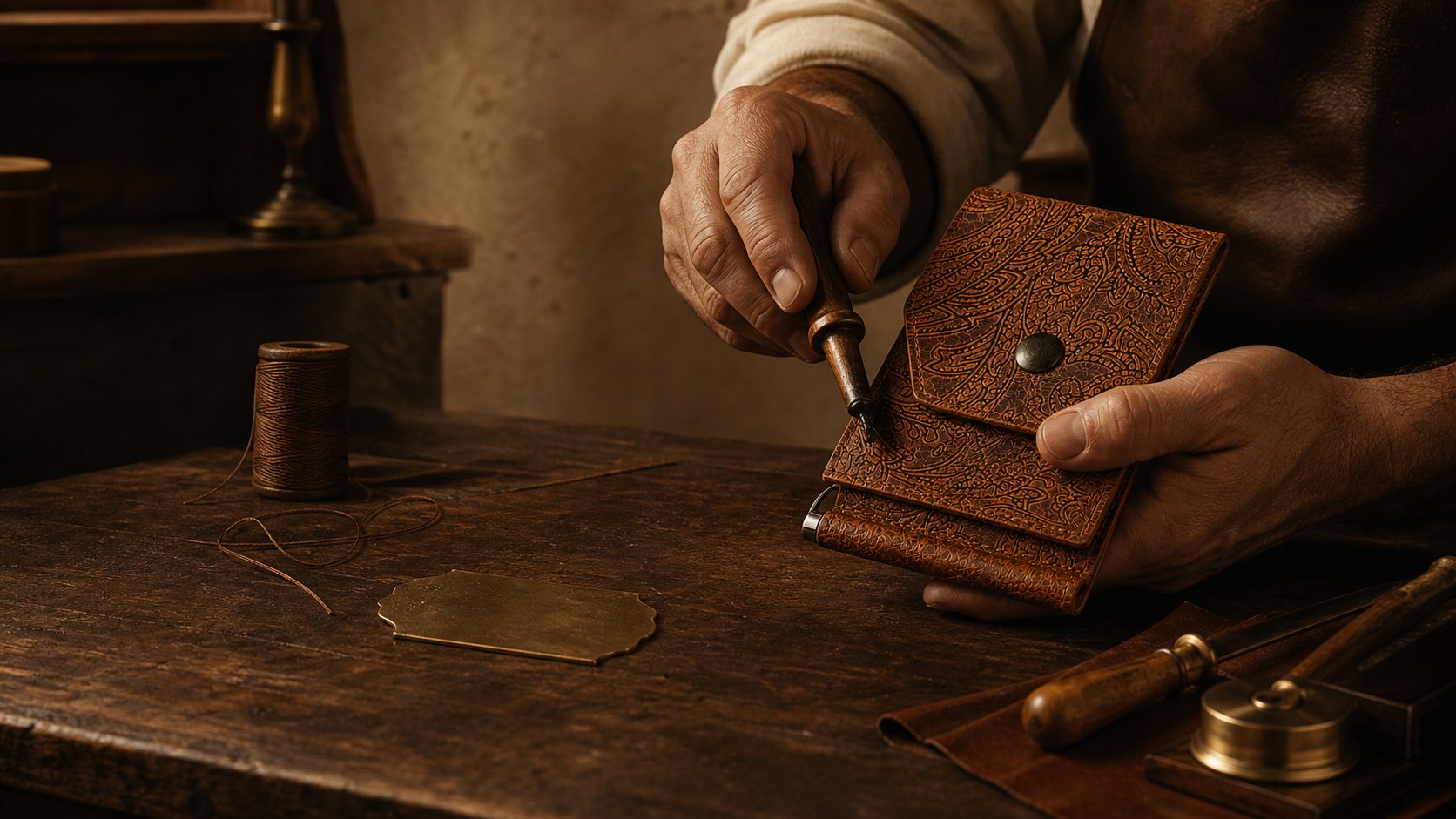 An artisan finishing a Tooled Cognac leather wallet by hand
