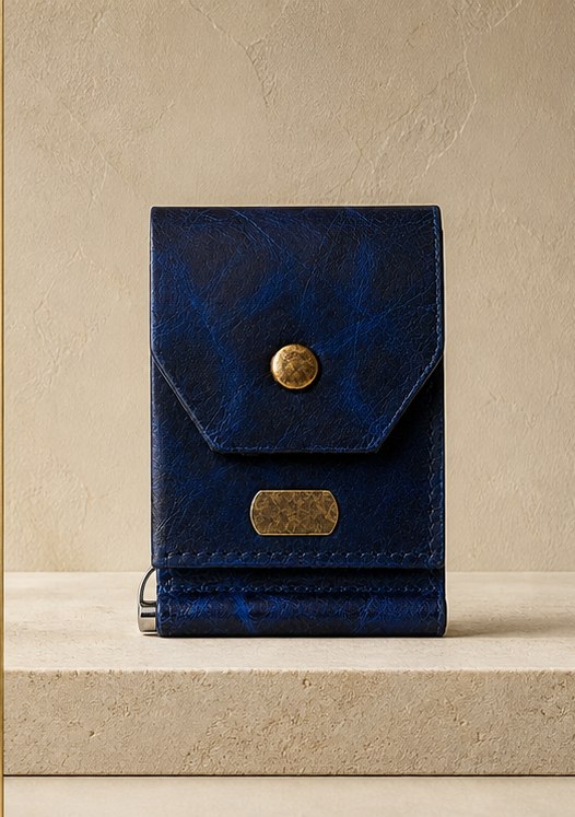 Midnight Blue Velisse Signature Wallet in a warm ivory studio