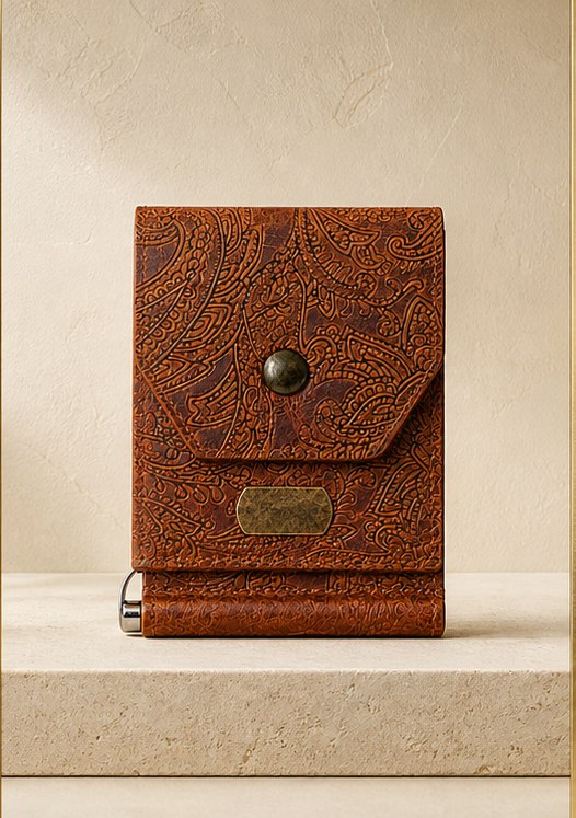 Tooled Cognac Velisse Signature Wallet in a warm ivory studio