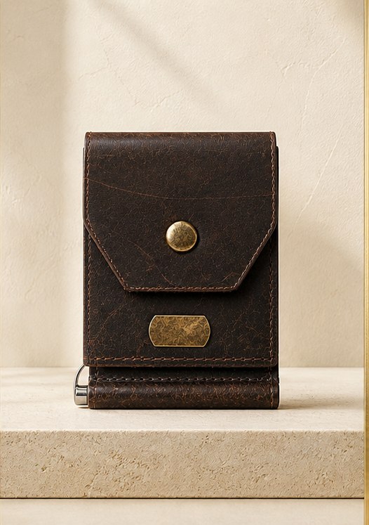 Espresso Brown Velisse Signature Wallet in a warm ivory studio