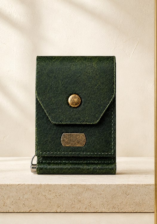 Forest Green Velisse Signature Wallet in a warm ivory studio