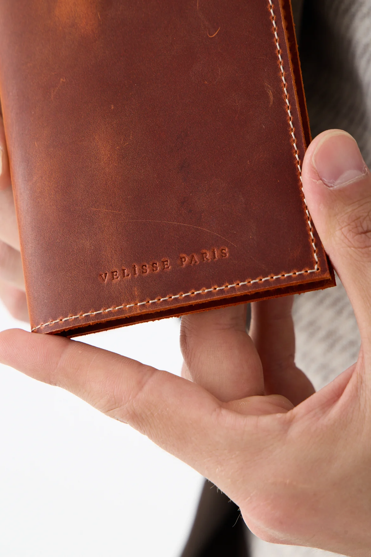 Cognac Passport Holder, leather and logo detail