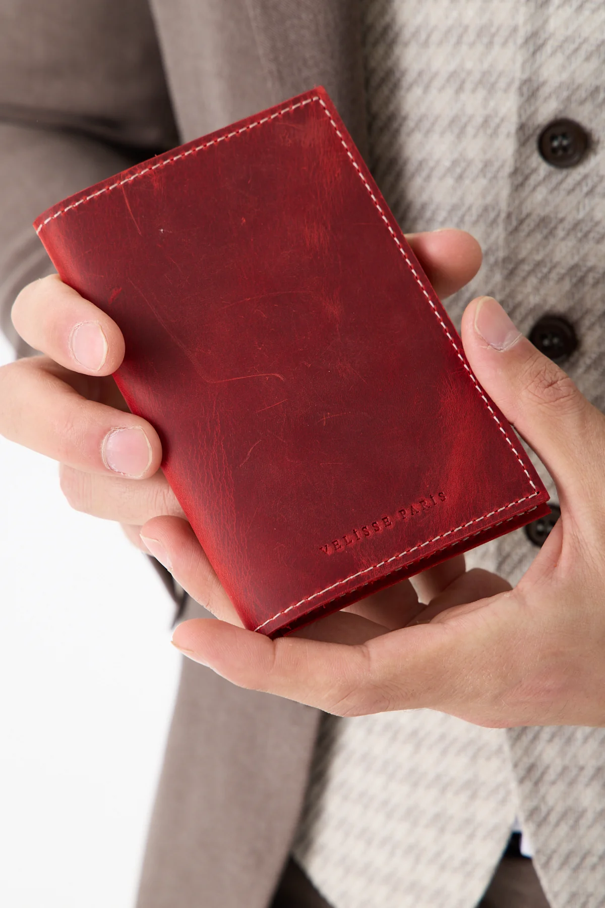 Crimson Passport Holder, leather and logo detail