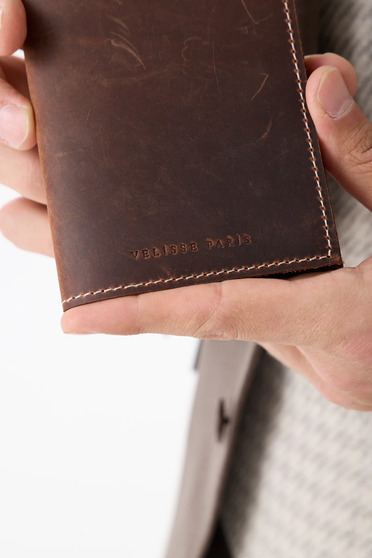 Espresso Passport Holder, leather and logo detail